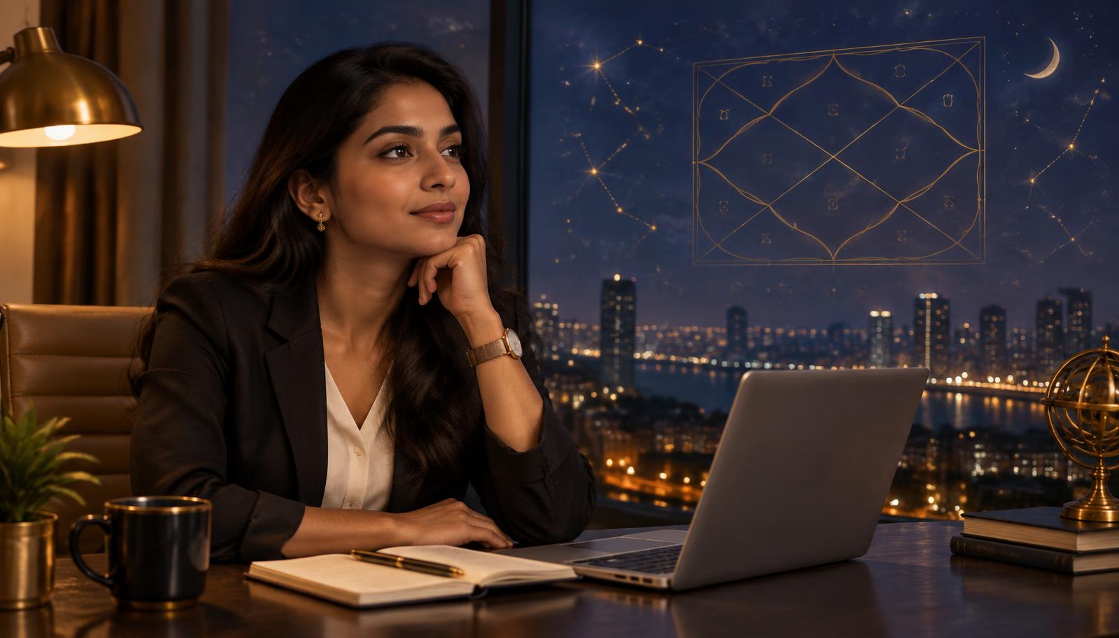 Indian professional woman at her desk at dusk, looking out at a starry night sky with a faint golden Kundli chart
