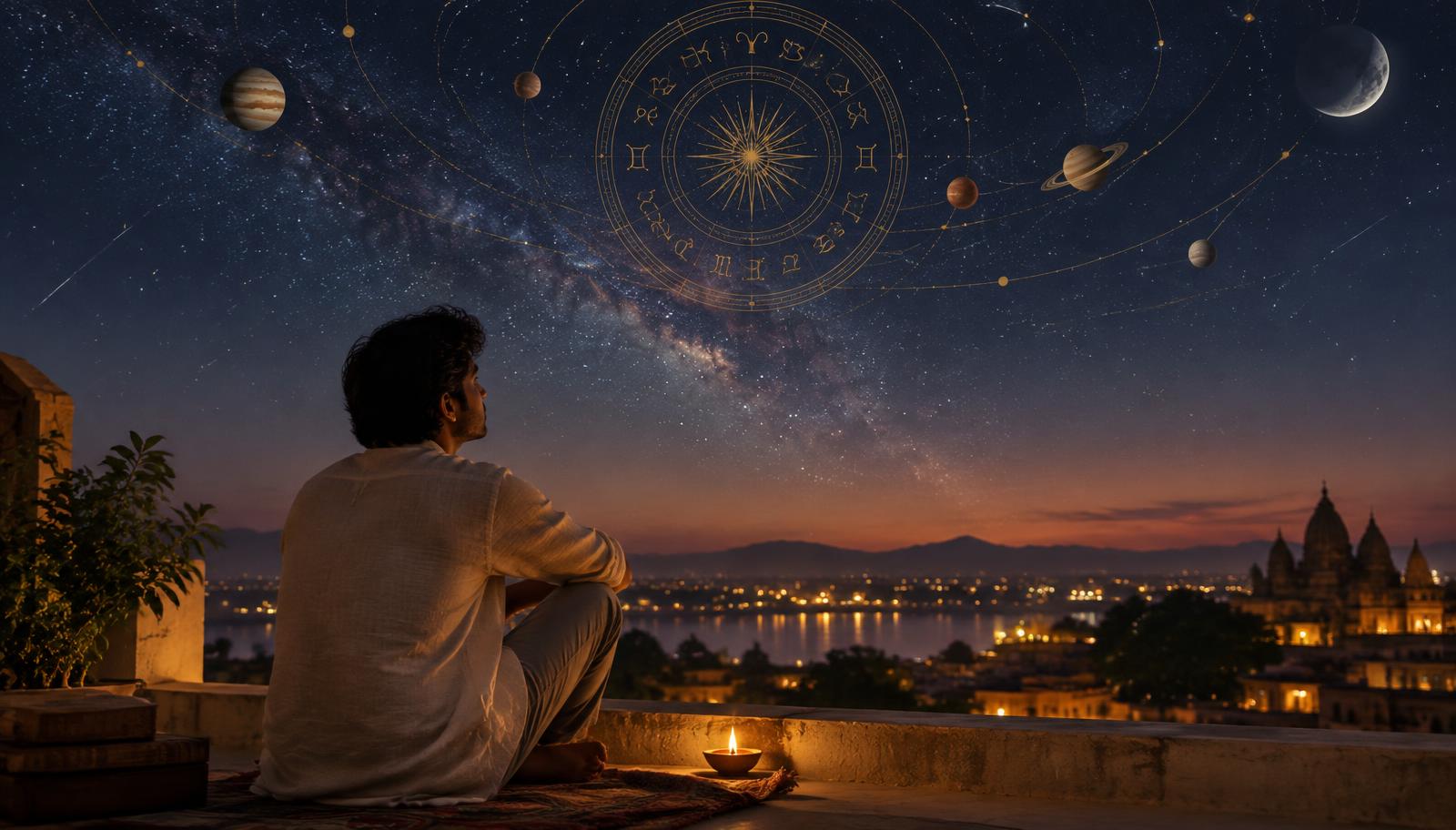 Young Indian man sitting on a rooftop at twilight beside a diya, gazing at a starry sky with a faint golden astrology wheel